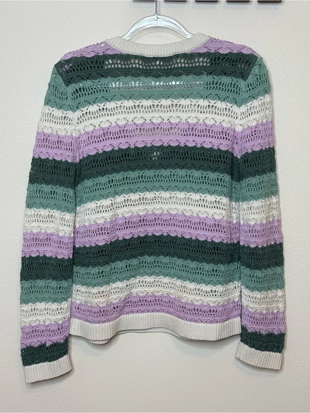 LOFT Striped Open-Knit V-Neck Sweater in Lavender, Green & White size Medium